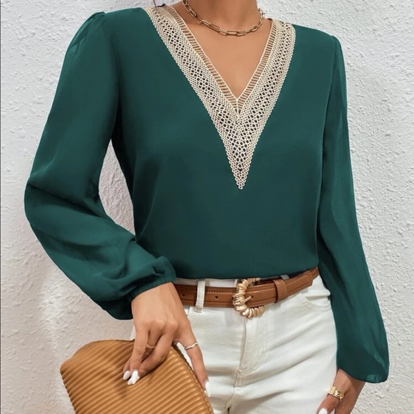 Classic navy blue  lace V neck blouse - Picture 14 of 15